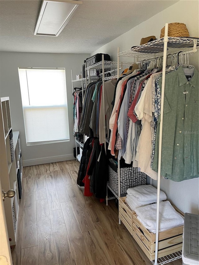 walk in closet with wood finished floors