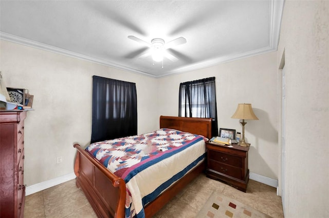 tiled bedroom with crown molding and ceiling fan