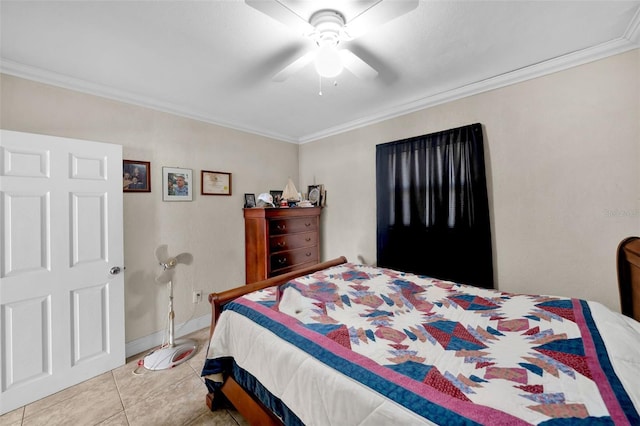 bedroom featuring ceiling fan, ornamental molding, and light tile patterned floors