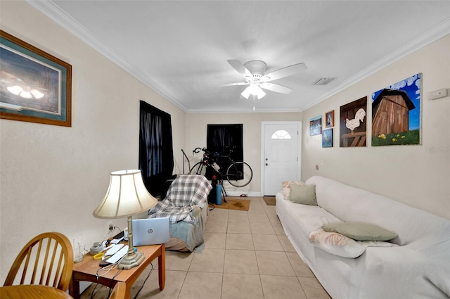 tiled living room featuring ornamental molding and ceiling fan