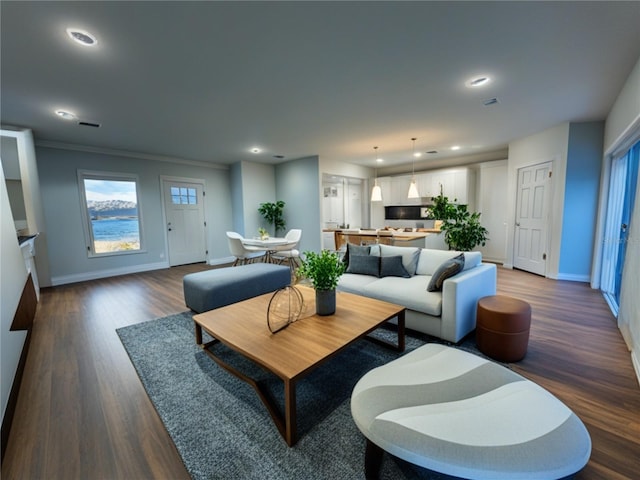 living room with dark wood-type flooring and ornamental molding