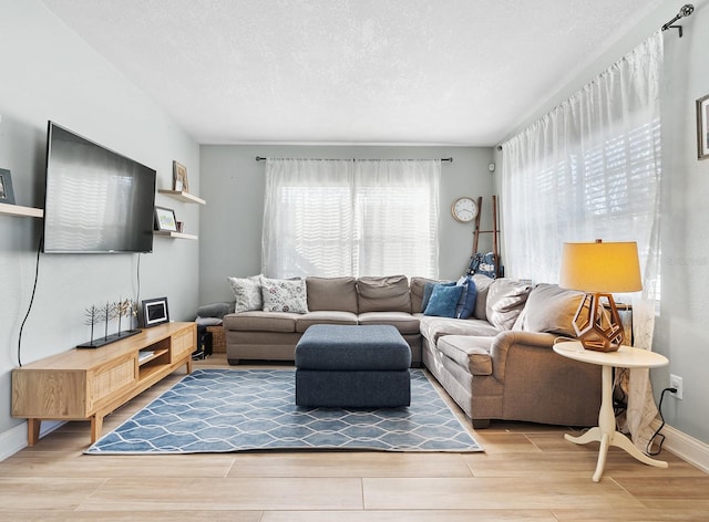 living room featuring a textured ceiling