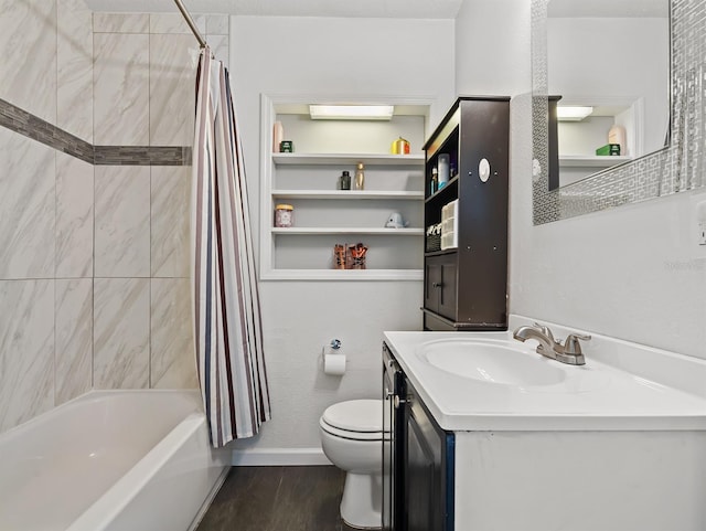 full bathroom featuring shower / bath combo, hardwood / wood-style floors, vanity, and toilet