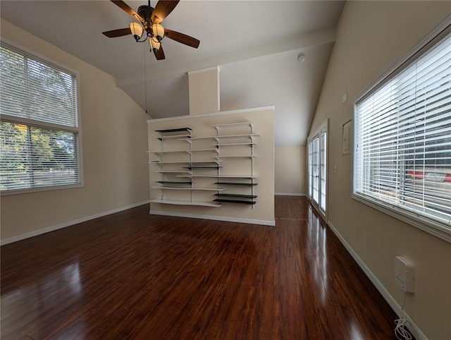 bonus room with vaulted ceiling, ceiling fan, and dark hardwood / wood-style flooring