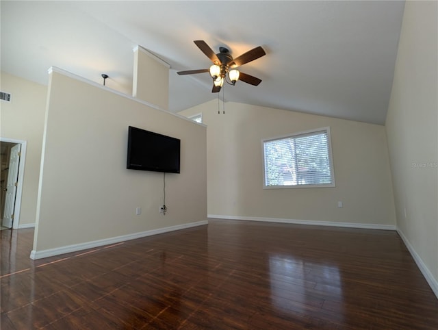 unfurnished living room with ceiling fan, dark hardwood / wood-style floors, and vaulted ceiling