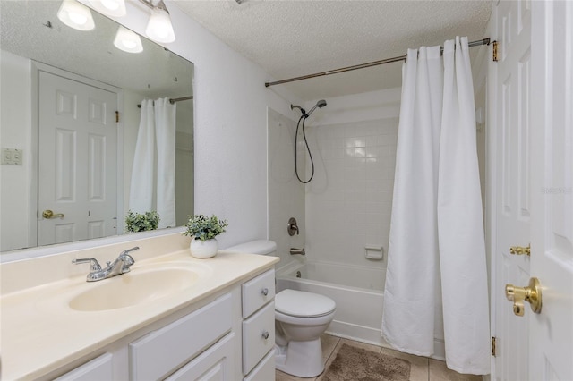 full bathroom featuring vanity, shower / tub combo, toilet, tile patterned floors, and a textured ceiling