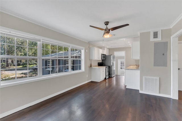 unfurnished living room with crown molding, dark wood-type flooring, electric panel, and ceiling fan