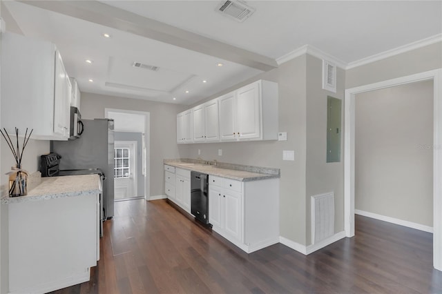 kitchen featuring dark hardwood / wood-style floors, white cabinetry, ornamental molding, electric panel, and stainless steel appliances