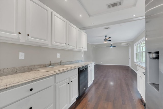 kitchen featuring dark wood-type flooring, sink, white cabinetry, dishwasher, and ceiling fan