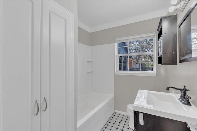 full bathroom with vanity, tub / shower combination, and toilet