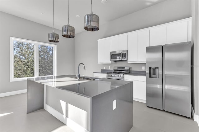 kitchen featuring pendant lighting, sink, white cabinets, stainless steel appliances, and a center island with sink