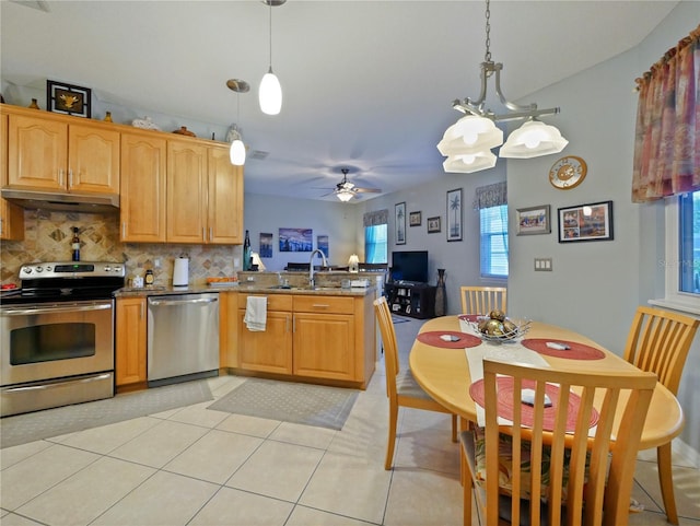 kitchen with appliances with stainless steel finishes, pendant lighting, sink, decorative backsplash, and kitchen peninsula