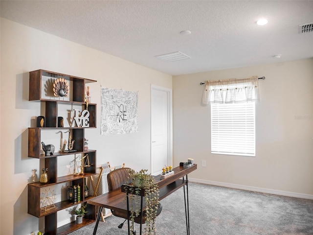 carpeted office with a textured ceiling