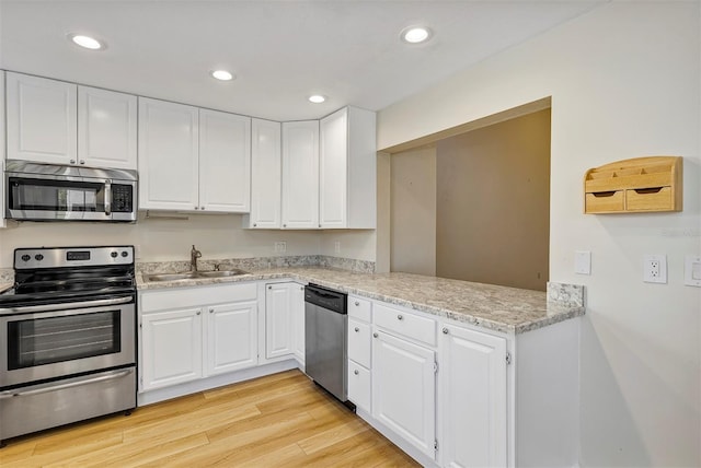 kitchen featuring stainless steel appliances, white cabinetry, sink, and kitchen peninsula