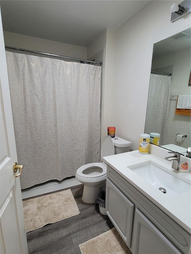 bathroom with vanity, wood-type flooring, and toilet