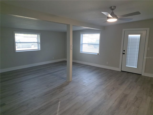 interior space with hardwood / wood-style flooring, plenty of natural light, and ceiling fan