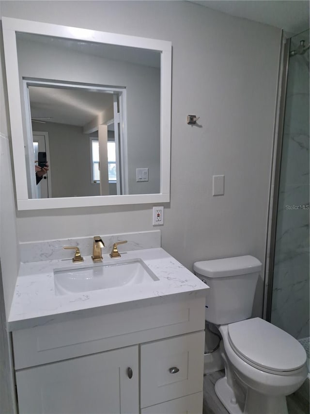 bathroom featuring vanity, toilet, and a shower with shower door