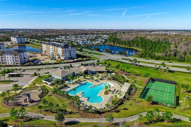 birds eye view of property featuring a water view