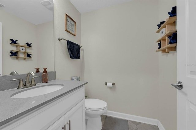 half bath featuring visible vents, baseboards, toilet, tile patterned floors, and vanity