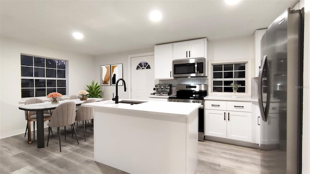 kitchen featuring sink, white cabinetry, backsplash, a kitchen island with sink, and stainless steel appliances