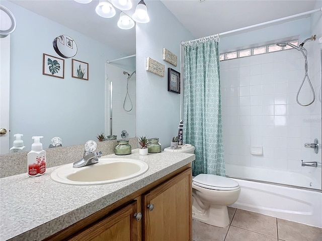 full bathroom featuring vanity, shower / tub combo, tile patterned floors, and toilet