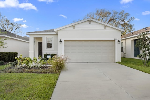 ranch-style home featuring stucco siding, driveway, a front yard, a shingled roof, and a garage