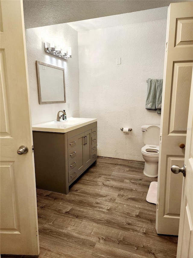 bathroom featuring vanity, toilet, and wood finished floors