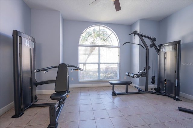 workout area featuring a textured ceiling and ceiling fan