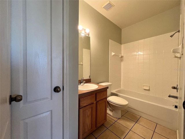 full bathroom with tile patterned flooring, vanity, shower / tub combination, and toilet