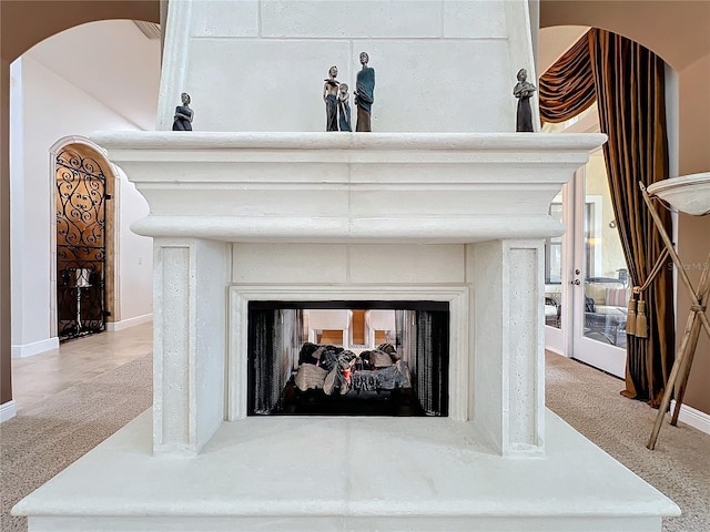 room details featuring a multi sided fireplace and carpet flooring