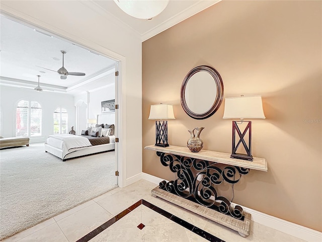 carpeted bedroom featuring ornamental molding