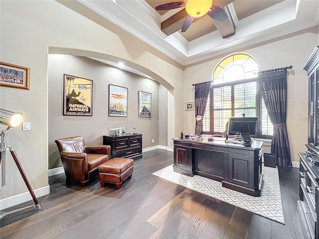 office area with ceiling fan, ornamental molding, coffered ceiling, and dark hardwood / wood-style flooring