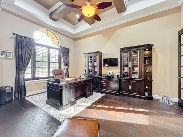 office space featuring dark hardwood / wood-style floors, ornamental molding, coffered ceiling, ceiling fan, and beam ceiling