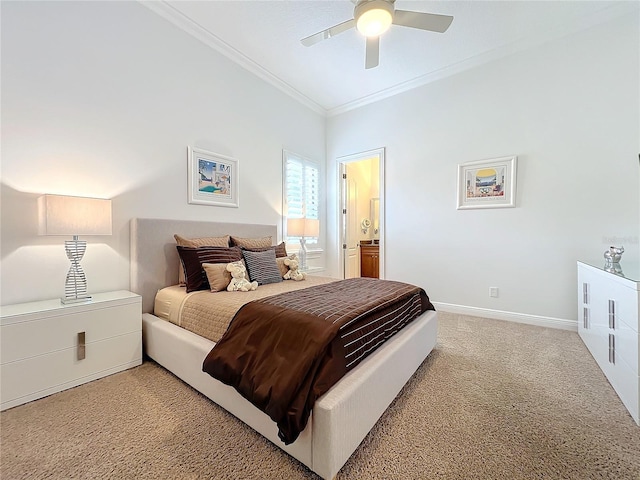 bedroom with crown molding, light carpet, ensuite bathroom, and ceiling fan