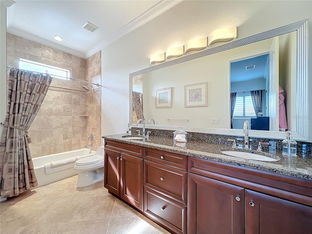 full bathroom with shower / tub combo with curtain, tile patterned flooring, vanity, ornamental molding, and toilet