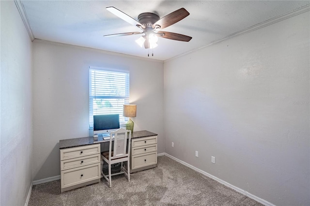 office with crown molding, light colored carpet, and ceiling fan