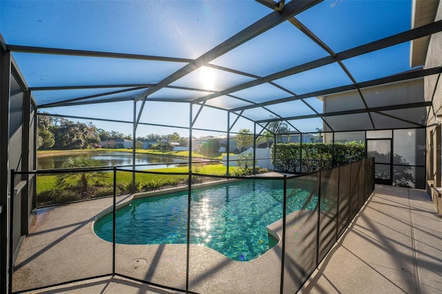 view of pool featuring a water view, a lanai, and a patio