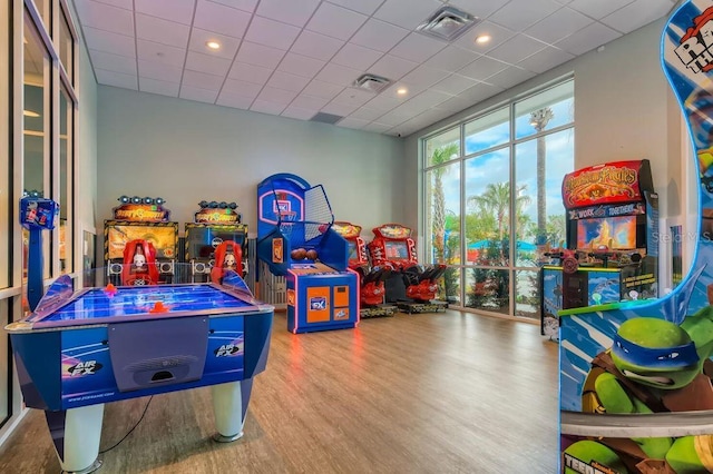 playroom with wood-type flooring, expansive windows, and a paneled ceiling