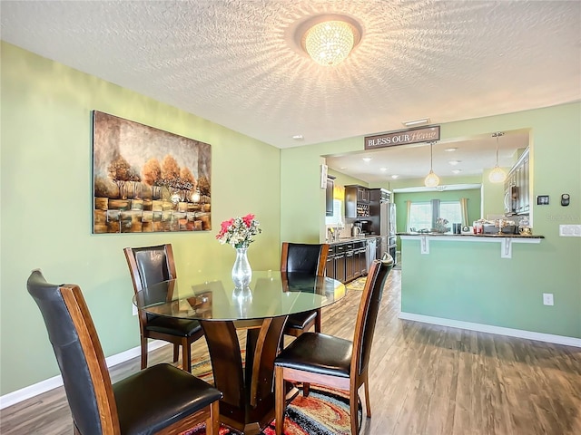 dining room featuring hardwood / wood-style floors and a textured ceiling