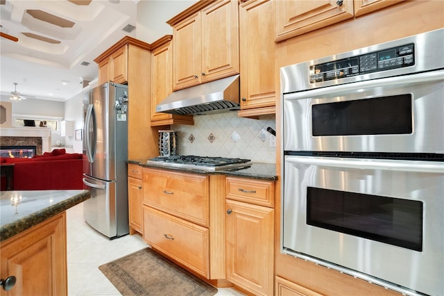 kitchen featuring appliances with stainless steel finishes, a fireplace, decorative backsplash, dark stone counters, and ceiling fan