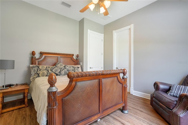 bedroom featuring ceiling fan and light wood-type flooring