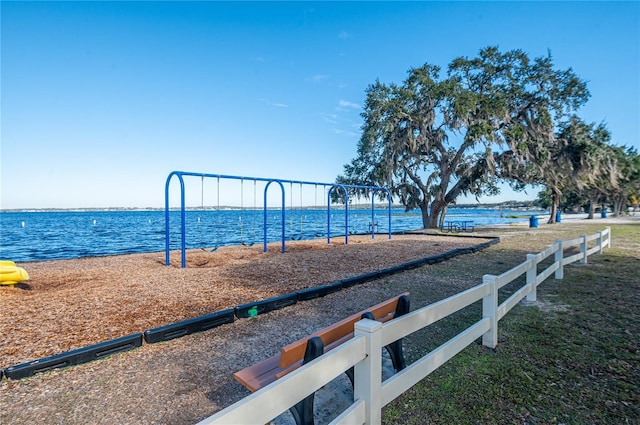 view of play area featuring a water view