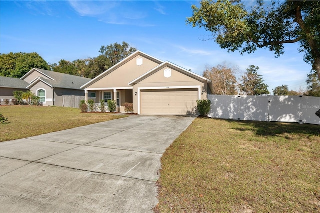 ranch-style home featuring a garage and a front yard