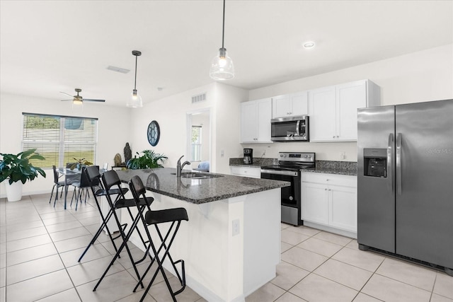 kitchen with sink, white cabinetry, hanging light fixtures, a center island with sink, and appliances with stainless steel finishes