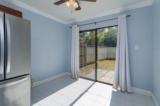 interior space featuring crown molding, light tile patterned floors, and ceiling fan