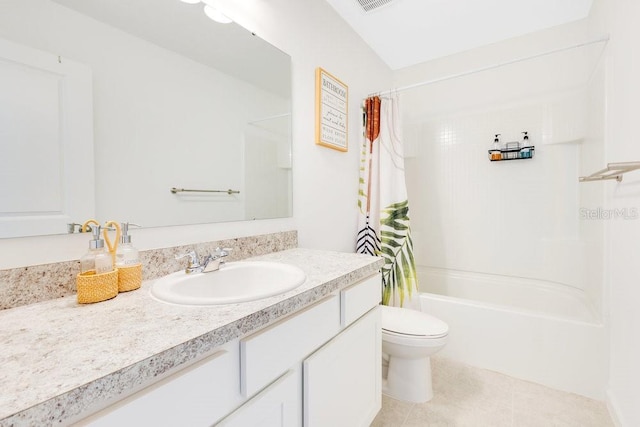 full bathroom with tile patterned floors, vanity, toilet, and shower / tub combo