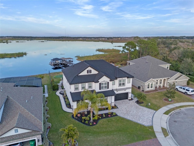 drone / aerial view featuring a water view