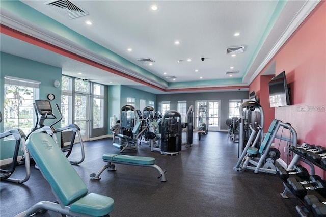 exercise room featuring a raised ceiling and a wealth of natural light