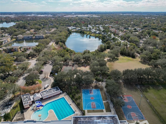 drone / aerial view with a water view