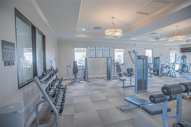 4708 Tribute Trl, Kissimmee, FL 34746 - workout area featuring a wealth of natural light, visible vents, a raised ceiling, and light carpet